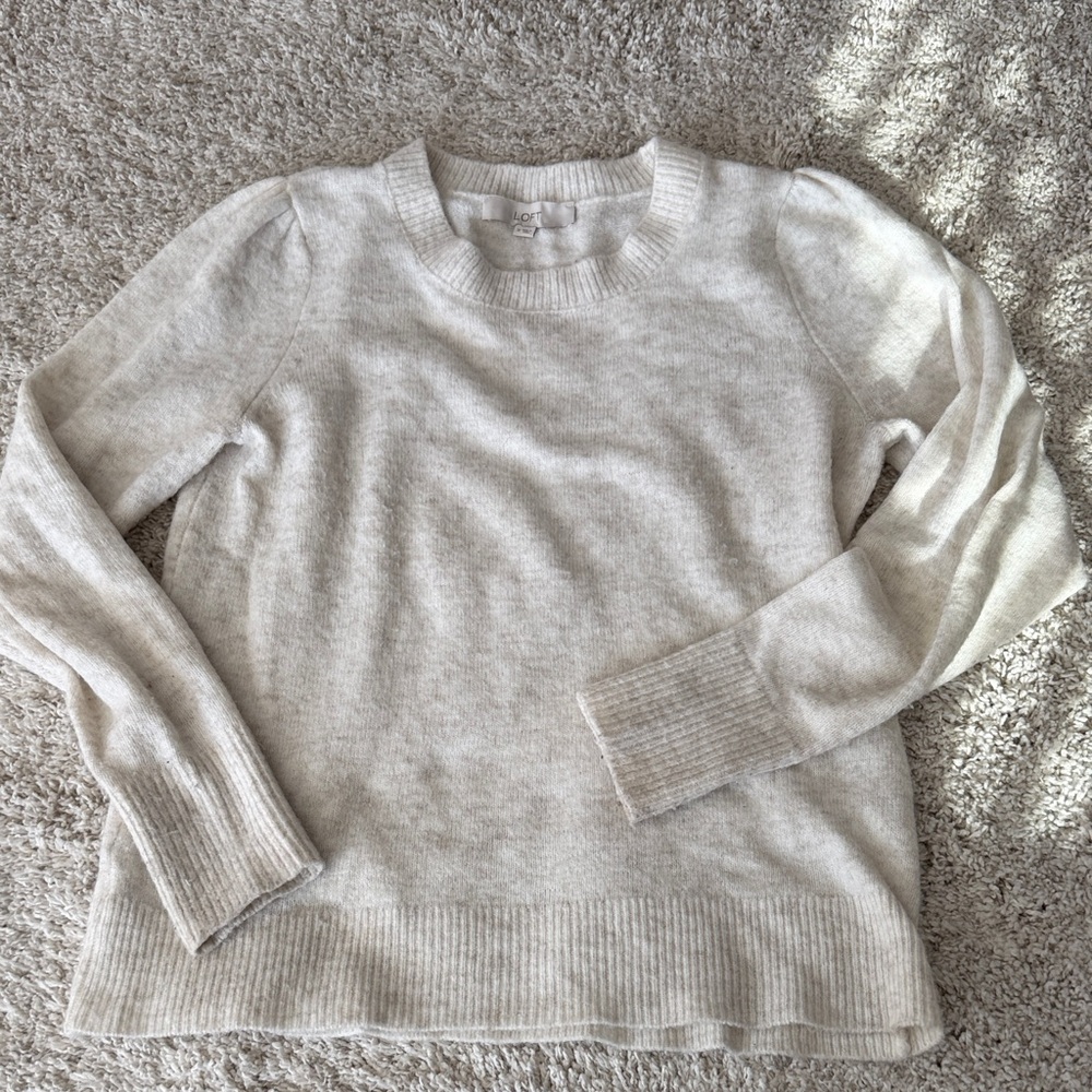 LOFT Cream Crewneck Sweater with Subtle Puff Shoulders